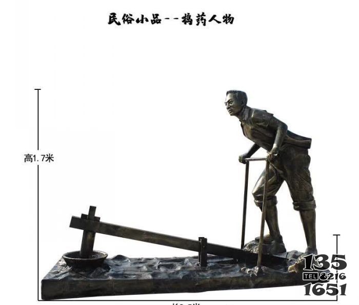 民俗小品搗藥人物銅雕 圖片