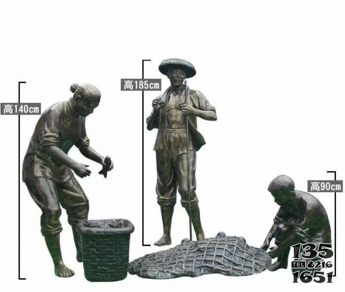 漁夫捕魚民俗銅雕 圖片