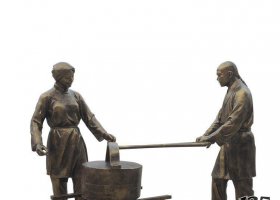 民俗主題推石磨人物銅雕 