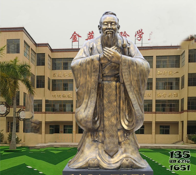 銅雕孔子像 鑄銅古代人物雕塑 校園純銅孔子雕塑 孔子雕塑圖片下處全詩外墻圖片