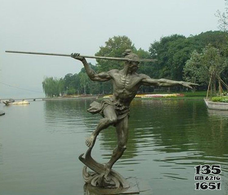 古代叉魚人物銅雕 圖片