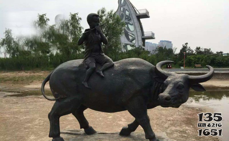 公園銅雕牧童騎牛動物雕塑 圖片