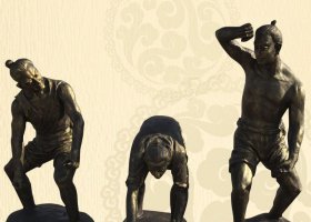 公園插秧的古代人物銅雕 