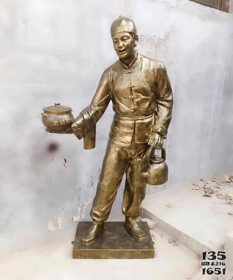 店小二端砂鍋人物銅雕 店小二雕塑人物廠家價(jià)格門口圖片