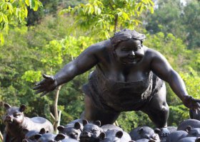 公園趕豬的胖女孩小品銅雕 女孩雕塑作品水印雕像小說