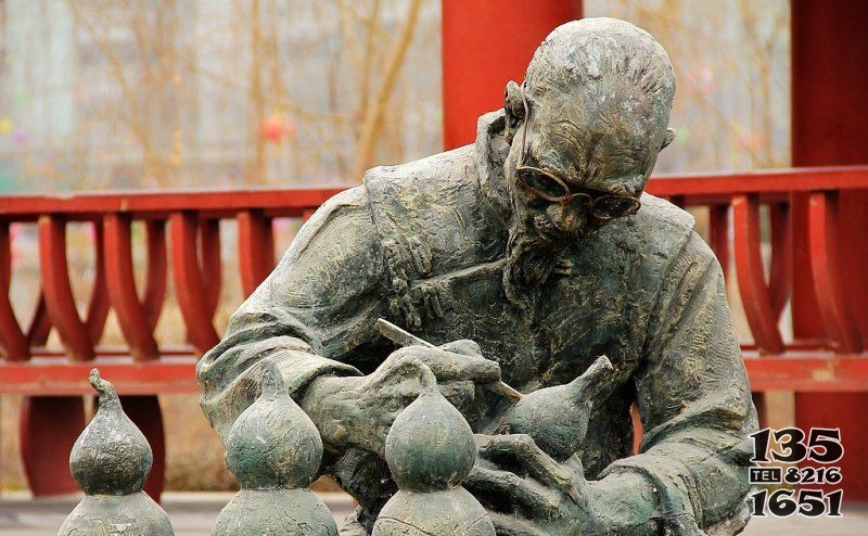 園林在葫蘆上刻字的老人小品銅雕 葫蘆雕塑人物魚簍人造英雄圖片