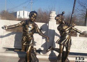 公園景觀編花籃兒童銅雕 花籃雕塑寓意迎賓童男江叔
