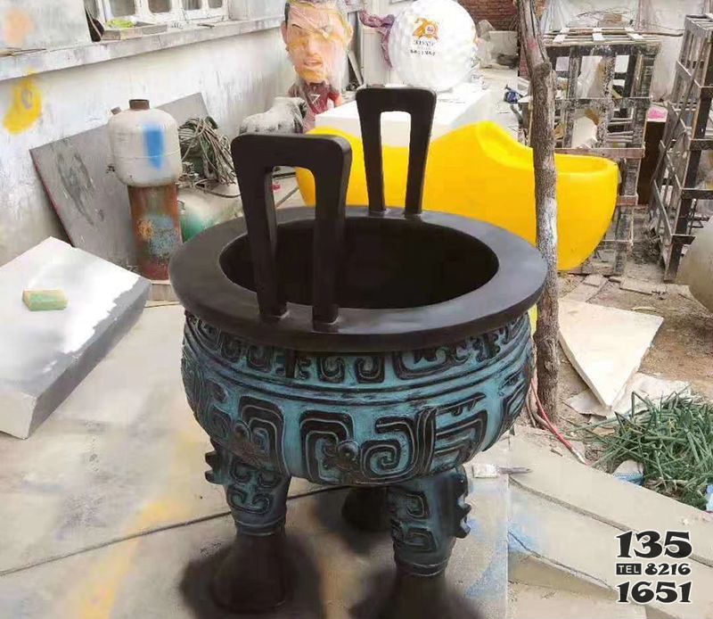 寺廟園型銅雕香爐 香爐雕塑廠家仙鶴琺瑯花香圖片