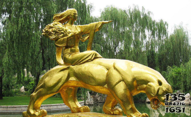 園林騎獅子的美女人物景觀銅雕 圖片