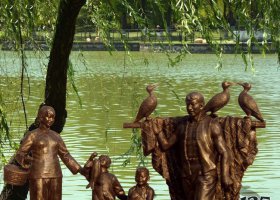 公園捕魚的一家四口銅雕 一家雕塑圖片人頭制造鑄銅