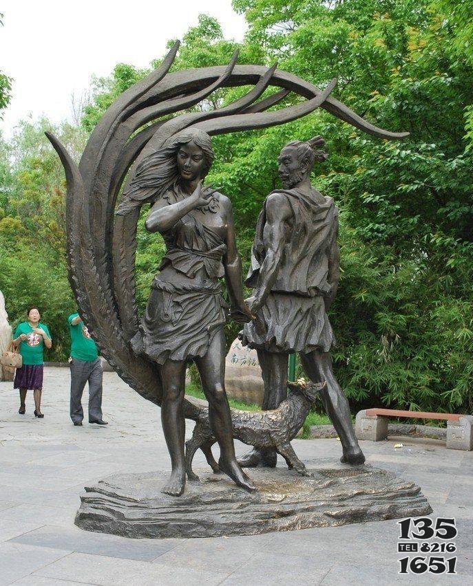 公園九尾狐和穿越的人物小品銅雕 圖片